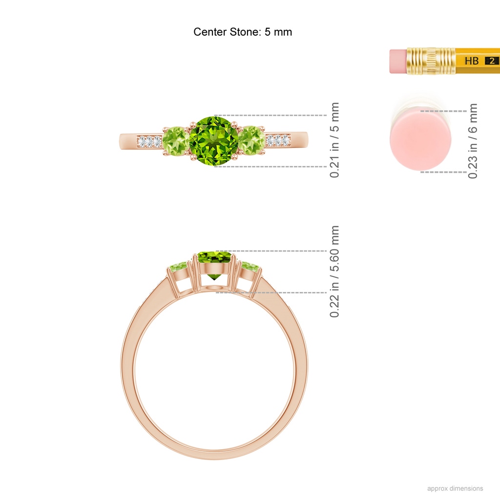 5mm AAAA Three Stone Round Peridot Ring with Diamond Accents in Rose Gold Ruler