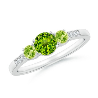5mm AAAA Three Stone Round Peridot Ring with Diamond Accents in White Gold