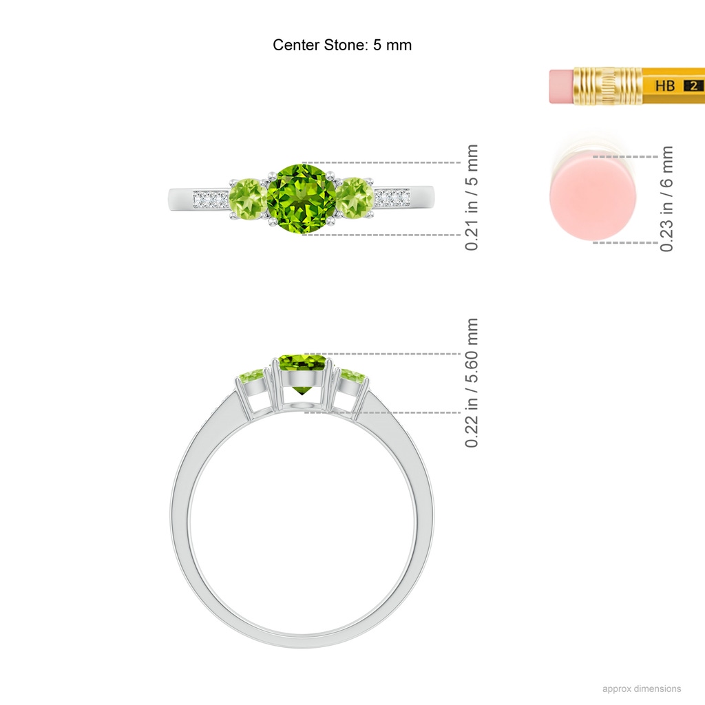 5mm AAAA Three Stone Round Peridot Ring with Diamond Accents in White Gold Ruler