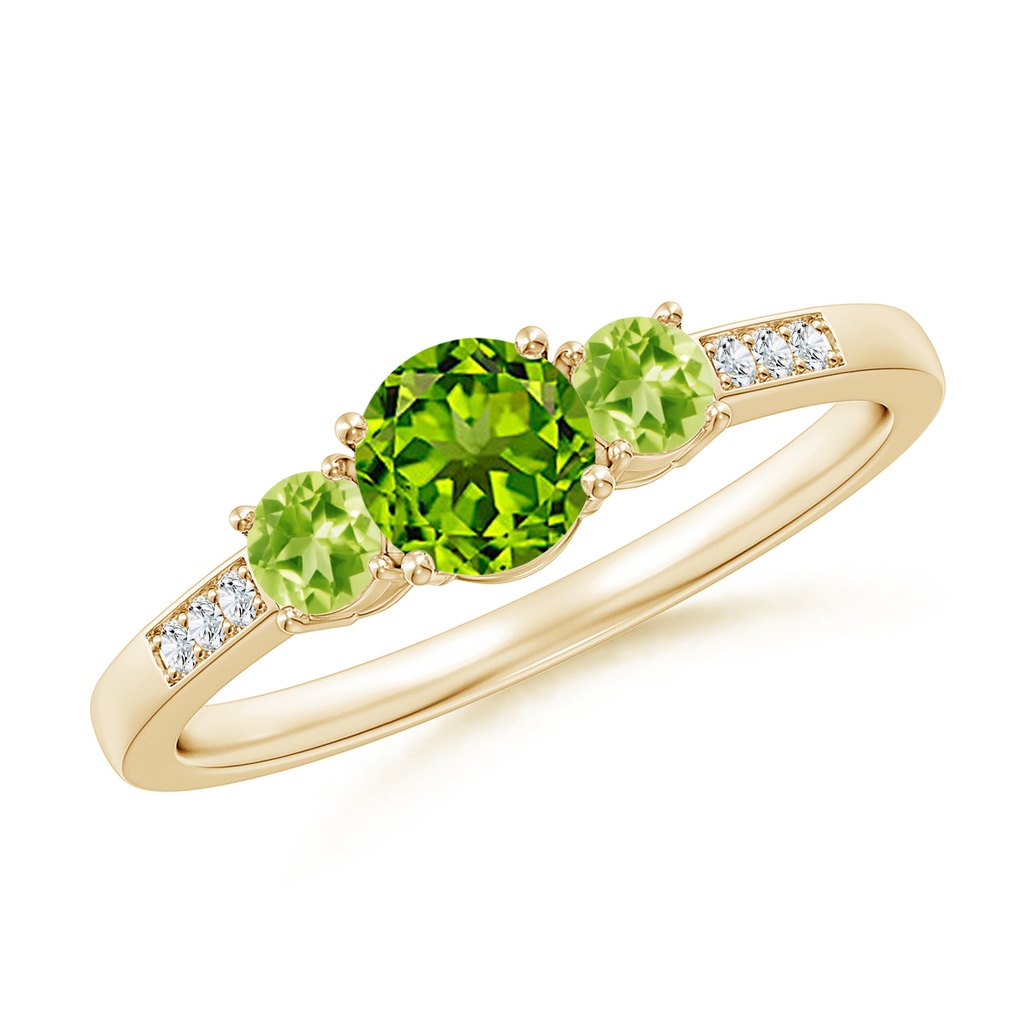 5mm AAAA Three Stone Round Peridot Ring with Diamond Accents in Yellow Gold
