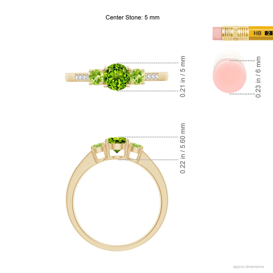 5mm AAAA Three Stone Round Peridot Ring with Diamond Accents in Yellow Gold ruler