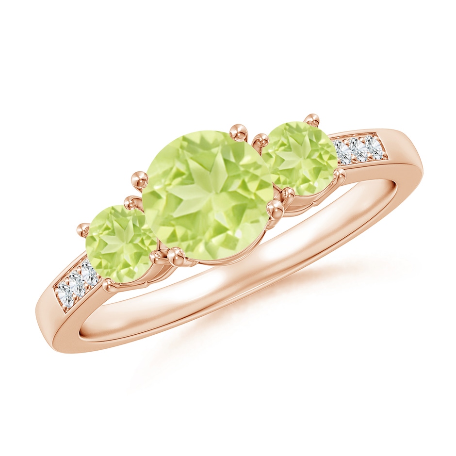 6mm A Three Stone Round Peridot Ring with Diamond Accents in Rose Gold 
