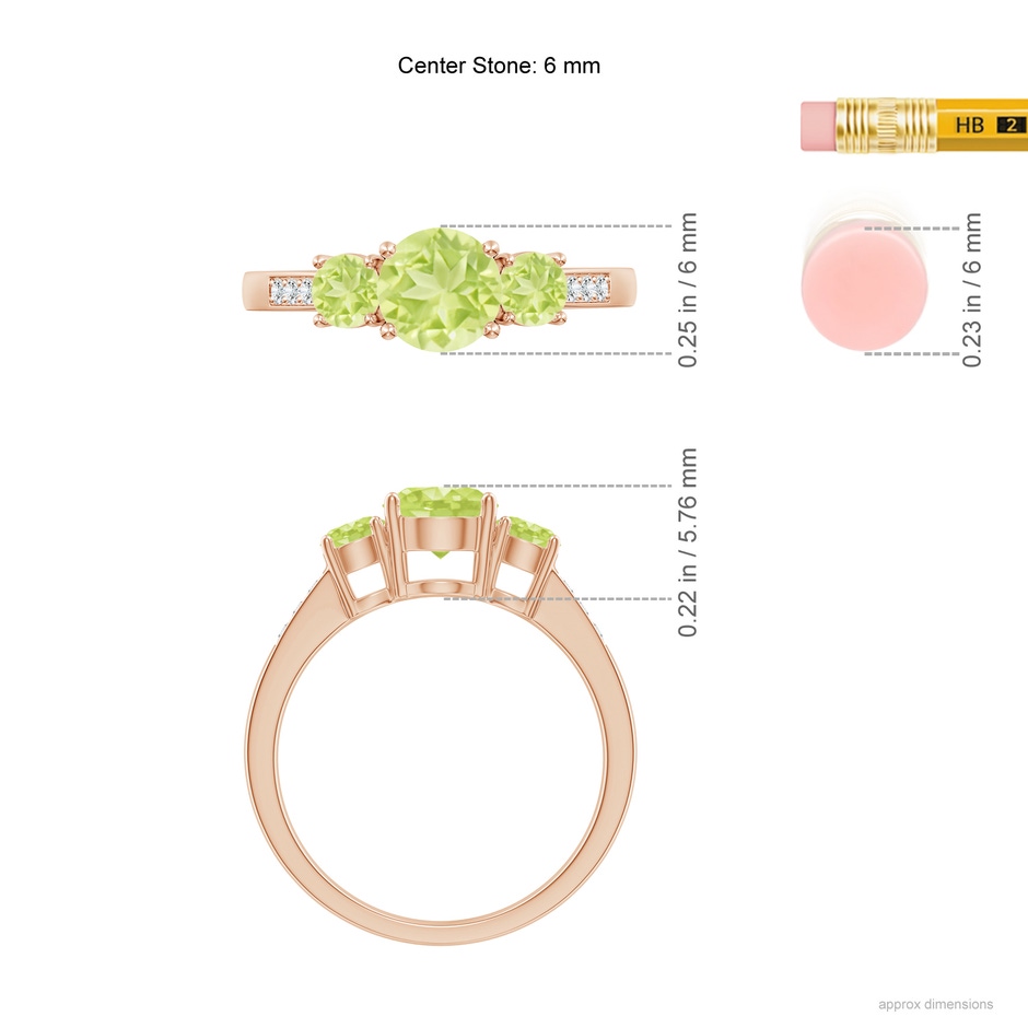 6mm A Three Stone Round Peridot Ring with Diamond Accents in Rose Gold ruler