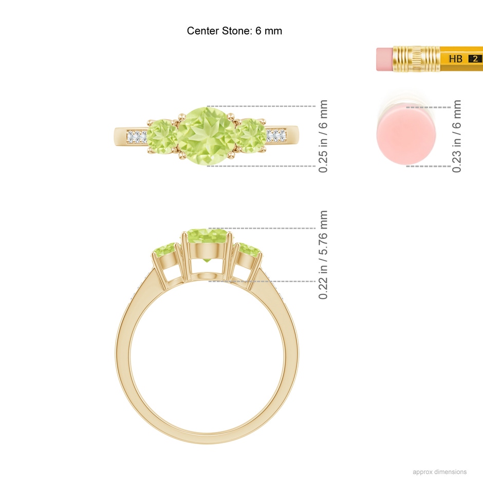 6mm A Three Stone Round Peridot Ring with Diamond Accents in Yellow Gold ruler
