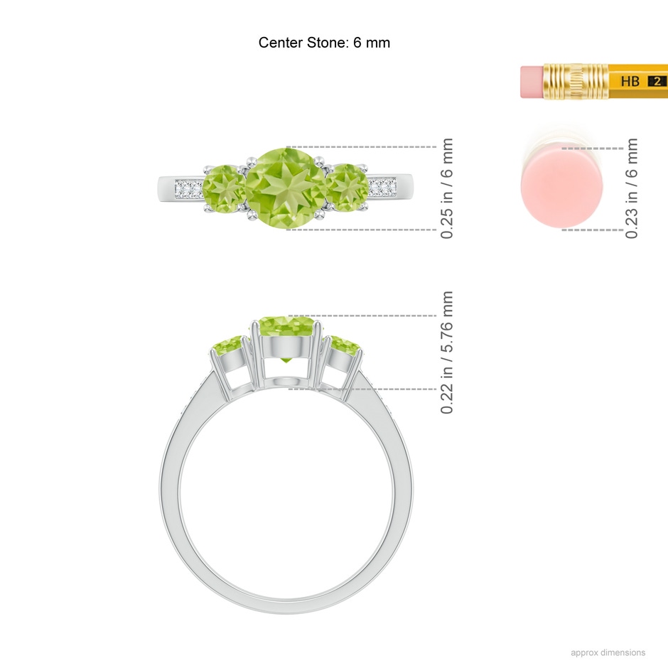 6mm AA Three Stone Round Peridot Ring with Diamond Accents in White Gold ruler