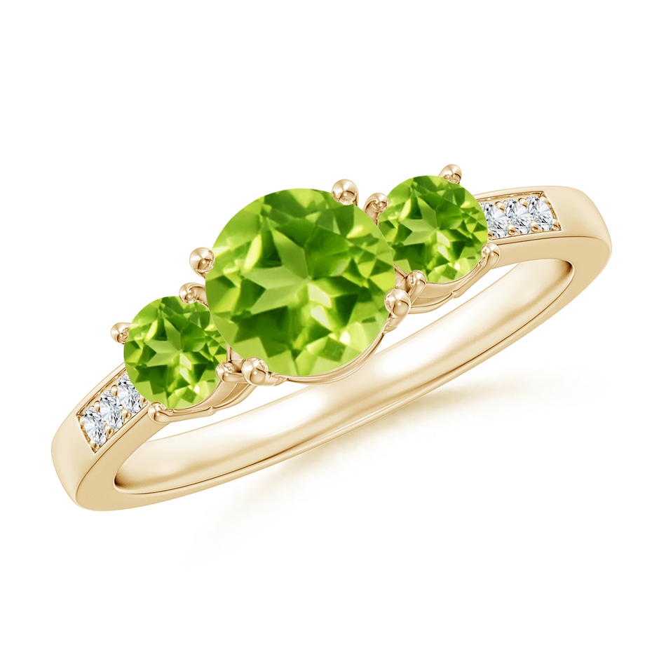 6mm AAA Three Stone Round Peridot Ring with Diamond Accents in Yellow Gold 