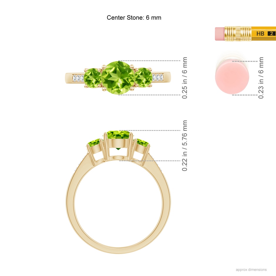 6mm AAA Three Stone Round Peridot Ring with Diamond Accents in Yellow Gold ruler
