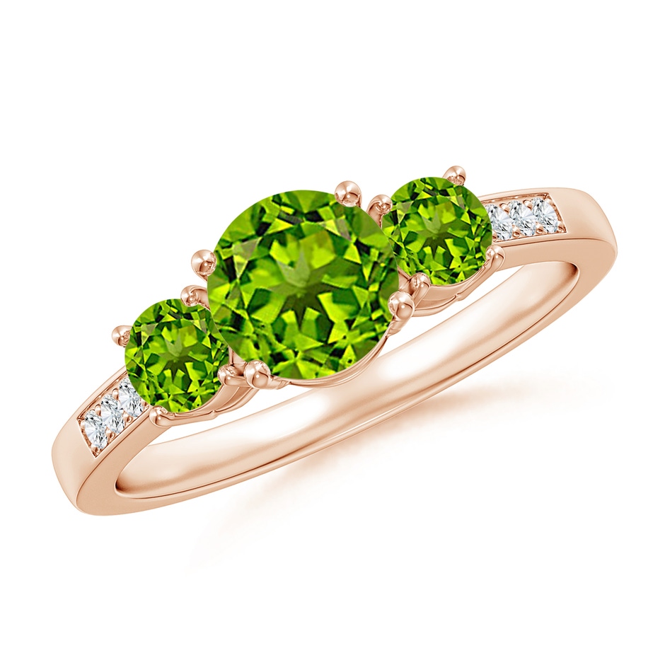 6mm AAAA Three Stone Round Peridot Ring with Diamond Accents in Rose Gold 