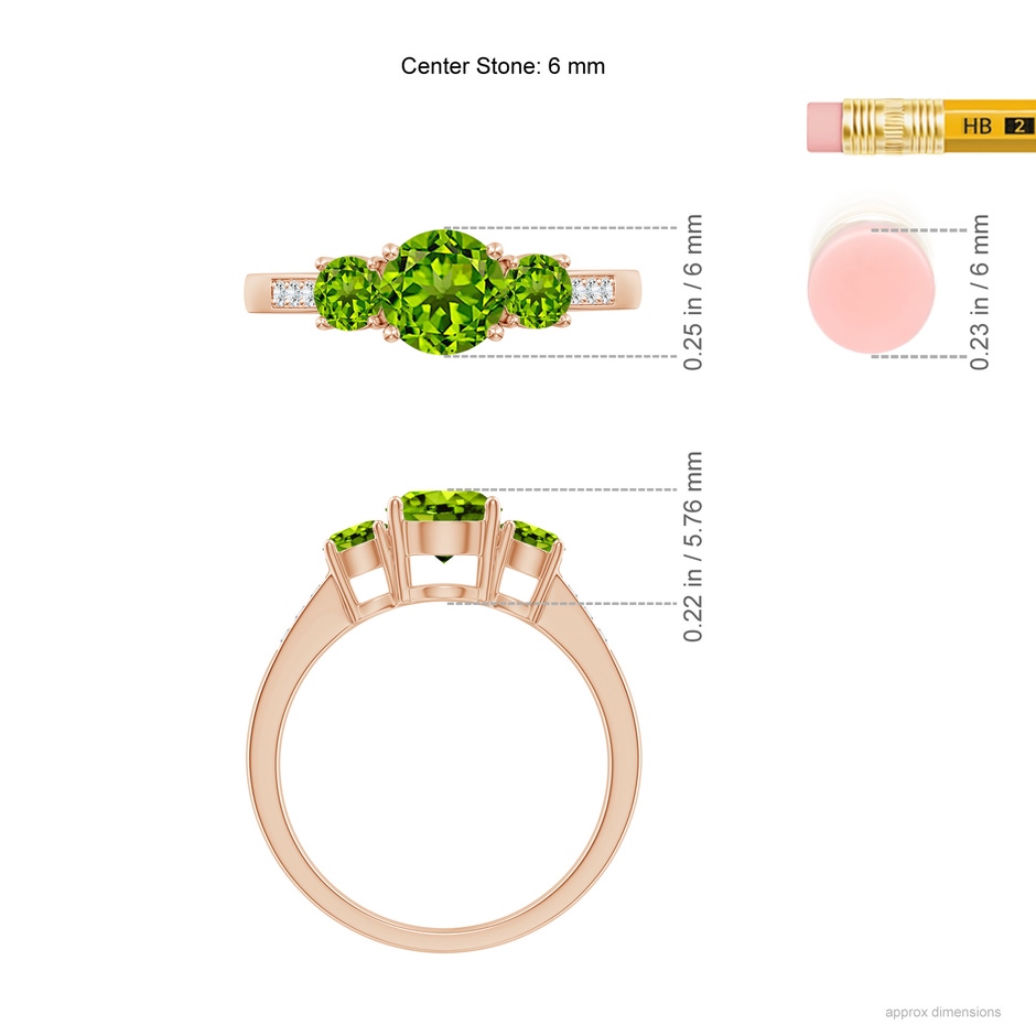 6mm AAAA Three Stone Round Peridot Ring with Diamond Accents in Rose Gold ruler