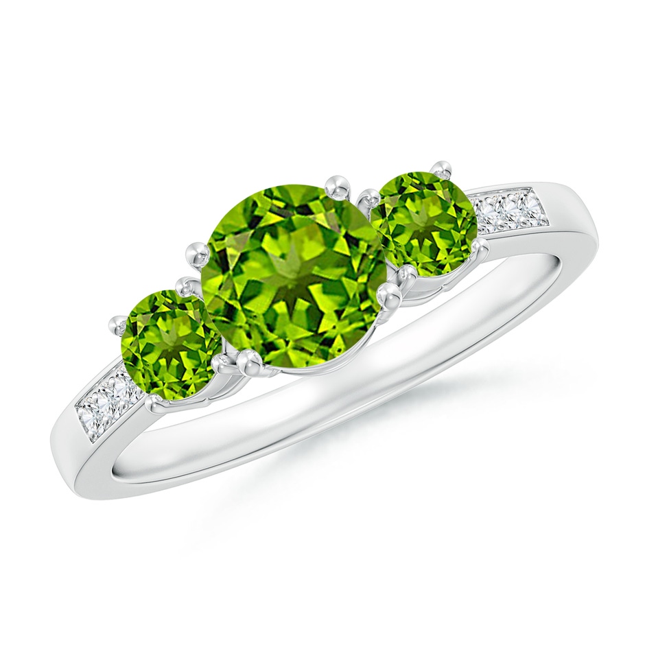 6mm AAAA Three Stone Round Peridot Ring with Diamond Accents in White Gold 