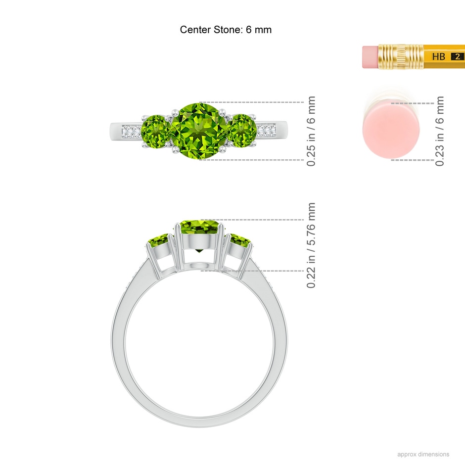 6mm AAAA Three Stone Round Peridot Ring with Diamond Accents in White Gold ruler