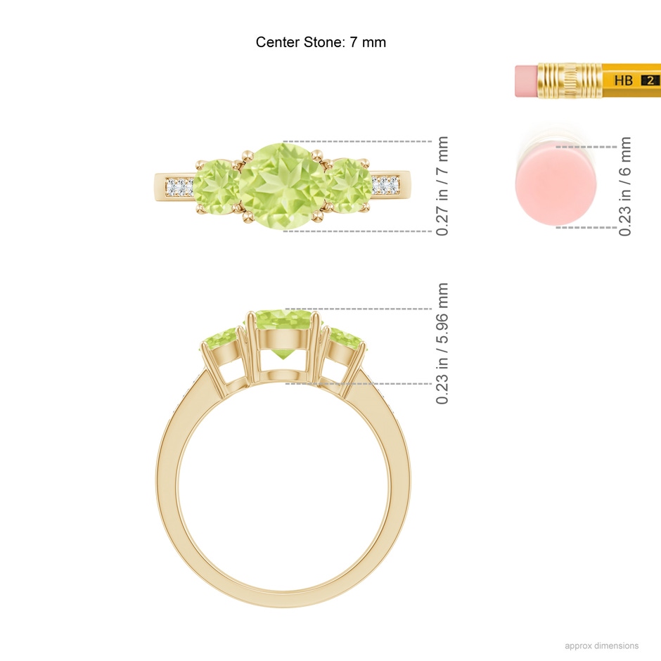 7mm A Three Stone Round Peridot Ring with Diamond Accents in Yellow Gold ruler