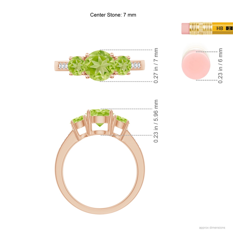 7mm AA Three Stone Round Peridot Ring with Diamond Accents in Rose Gold ruler