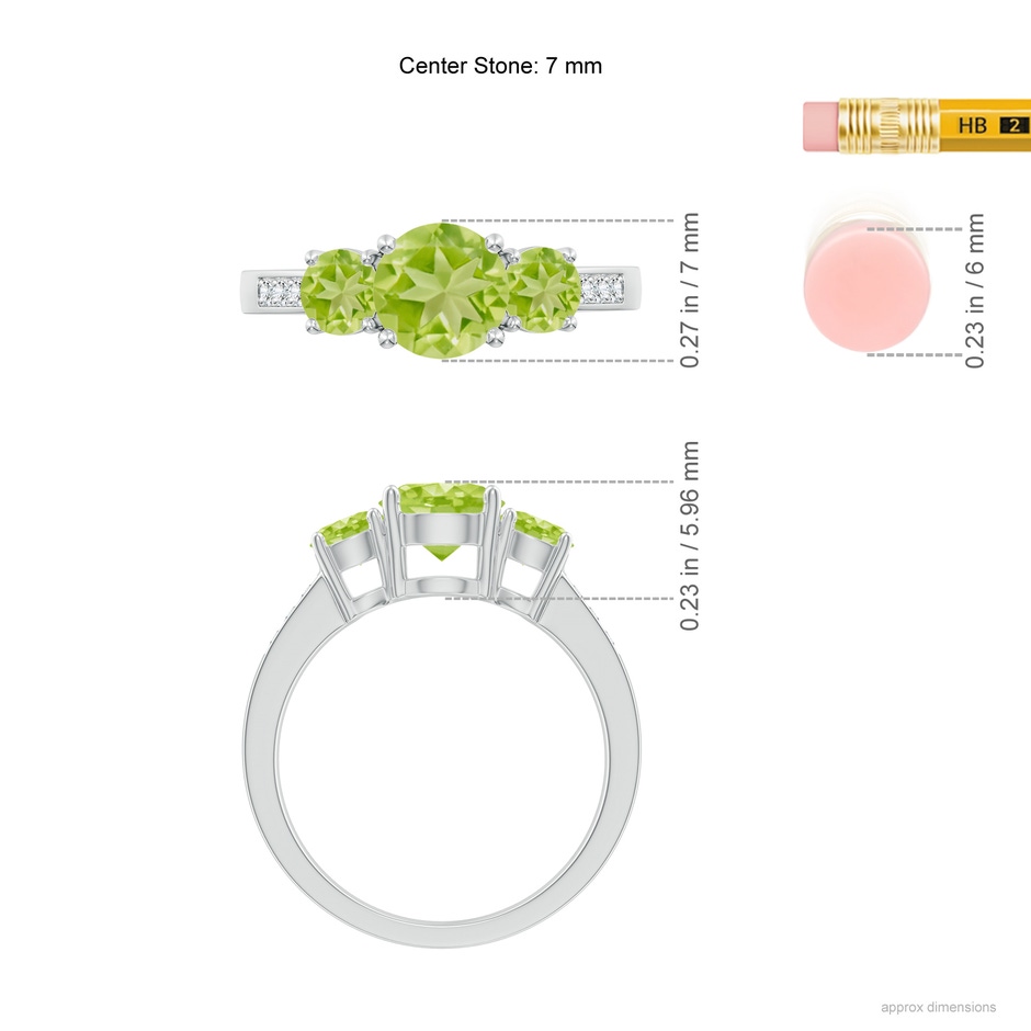 7mm AA Three Stone Round Peridot Ring with Diamond Accents in White Gold ruler