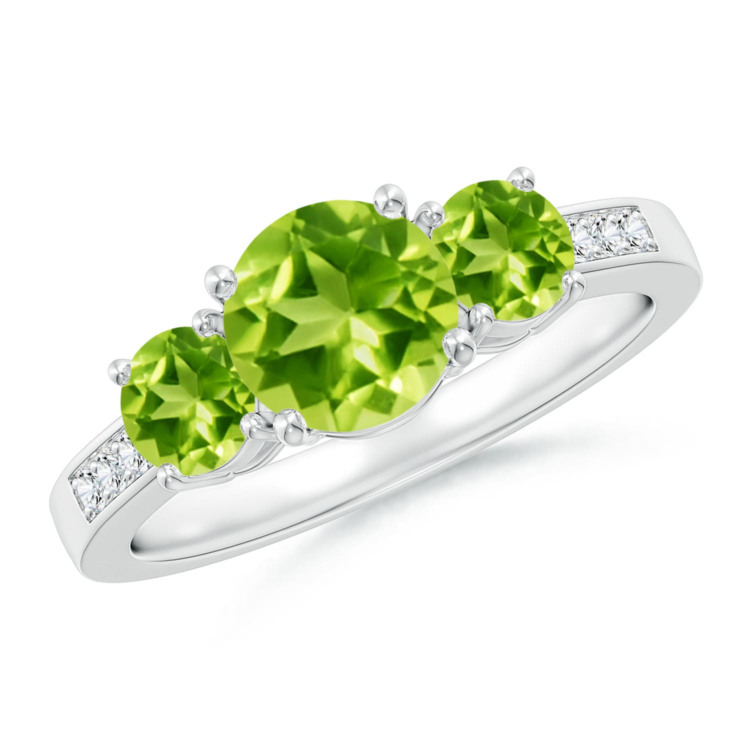 7mm AAA Three Stone Round Peridot Ring with Diamond Accents in P950 Platinum