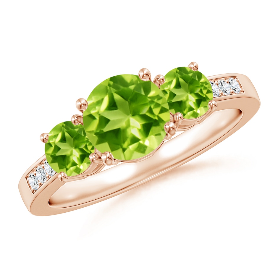 7mm AAA Three Stone Round Peridot Ring with Diamond Accents in Rose Gold 