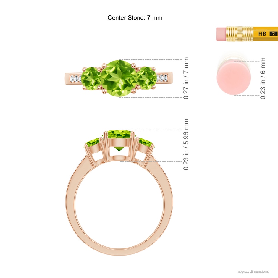 7mm AAA Three Stone Round Peridot Ring with Diamond Accents in Rose Gold ruler