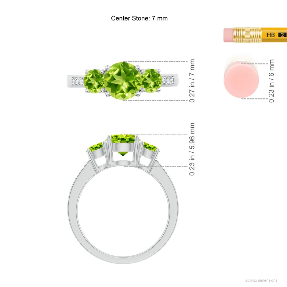 7mm AAA Three Stone Round Peridot Ring with Diamond Accents in White Gold ruler