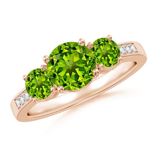 7mm AAAA Three Stone Round Peridot Ring with Diamond Accents in Rose Gold