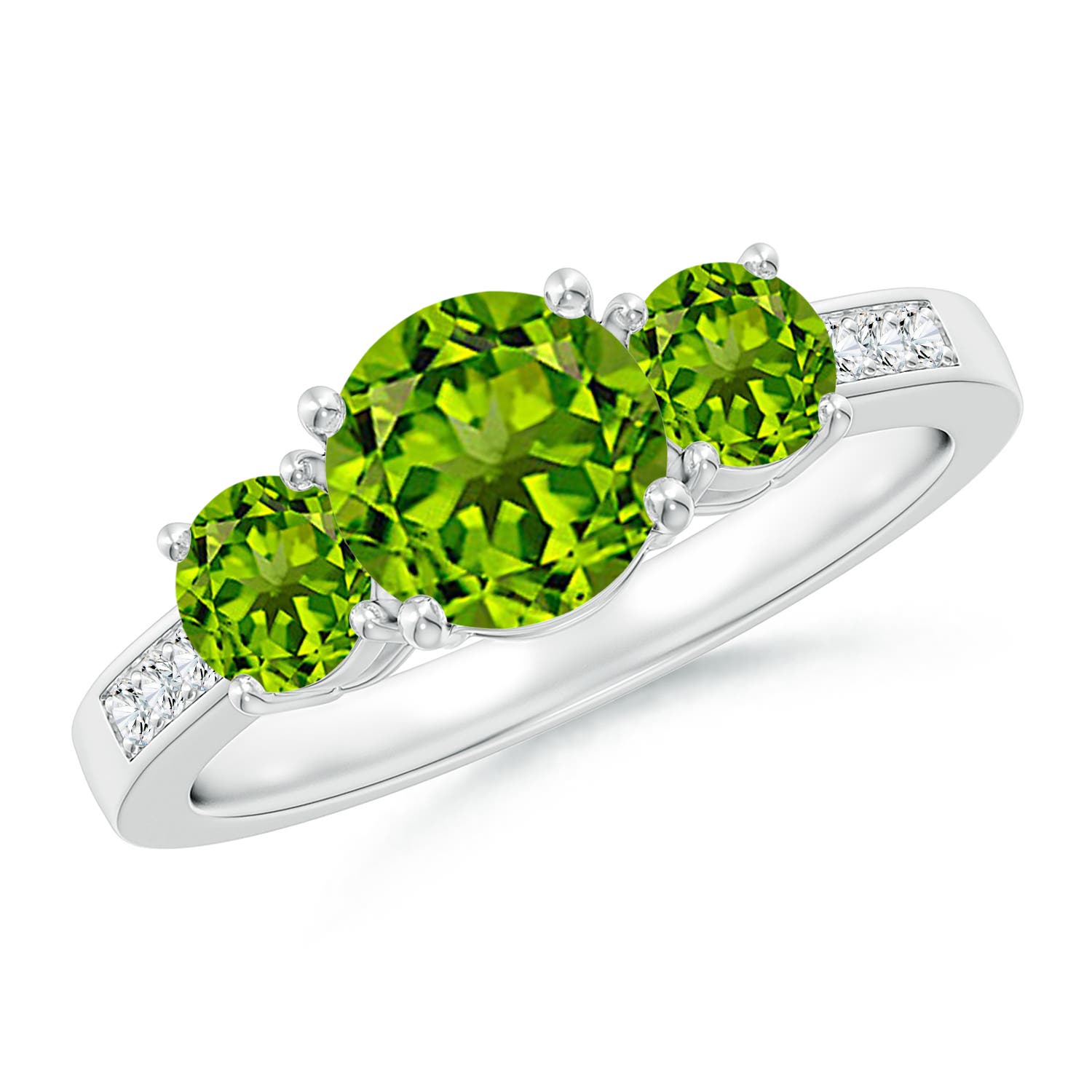 Three Stone Round Peridot Ring with Diamond Accents