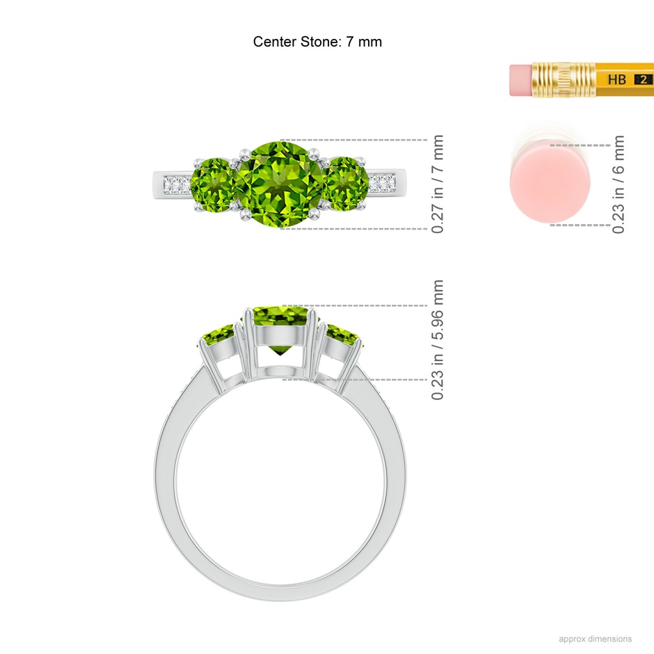 7mm AAAA Three Stone Round Peridot Ring with Diamond Accents in White Gold ruler