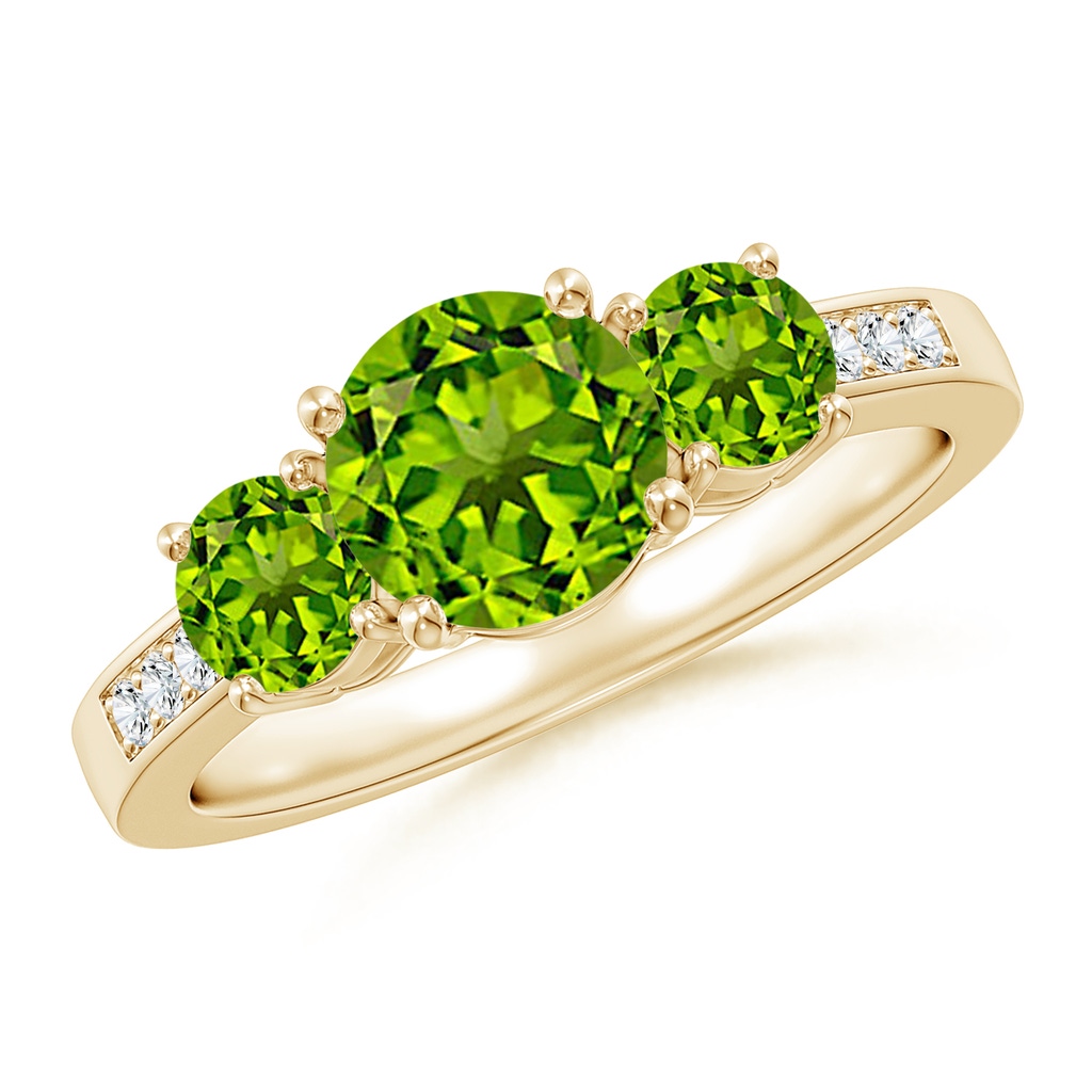 7mm AAAA Three Stone Round Peridot Ring with Diamond Accents in Yellow Gold