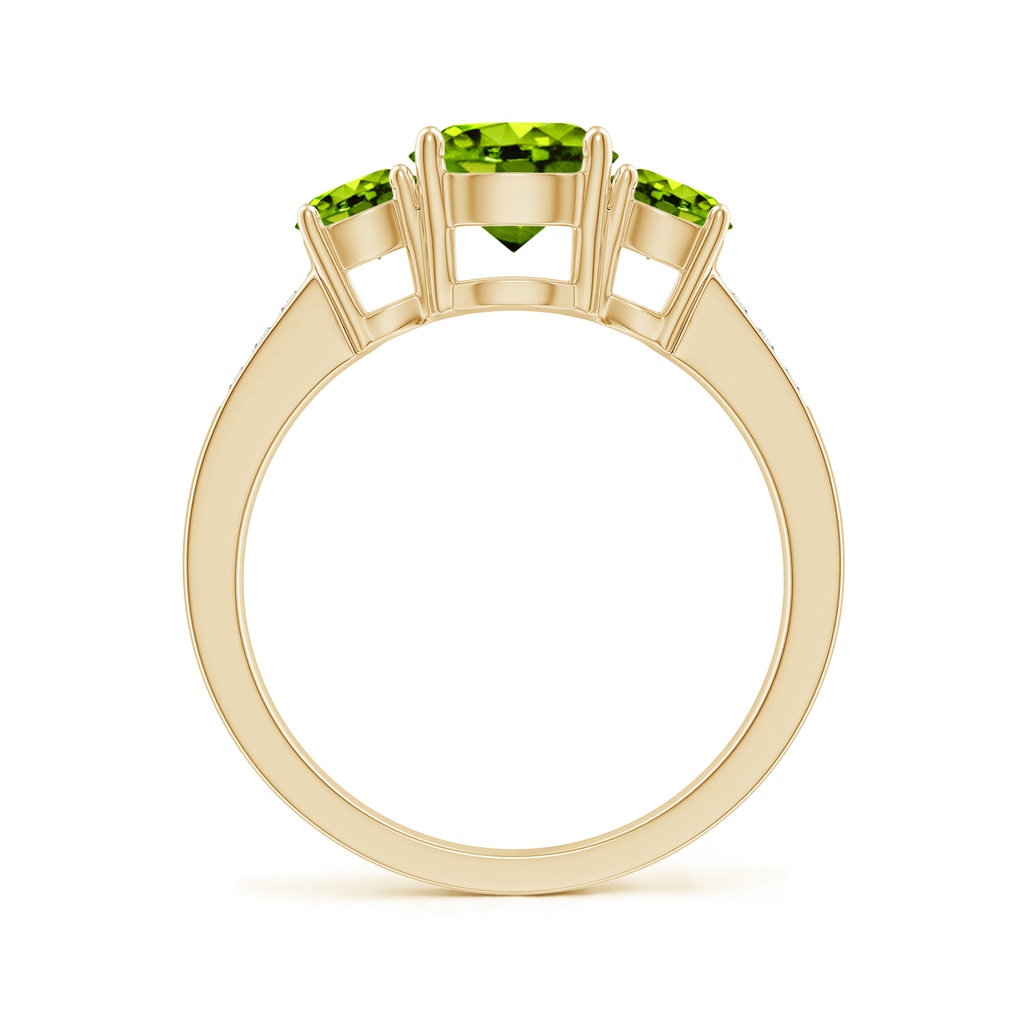 7mm AAAA Three Stone Round Peridot Ring with Diamond Accents in Yellow Gold Side-1