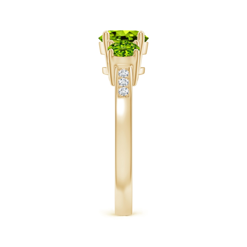 7mm AAAA Three Stone Round Peridot Ring with Diamond Accents in Yellow Gold Side-2