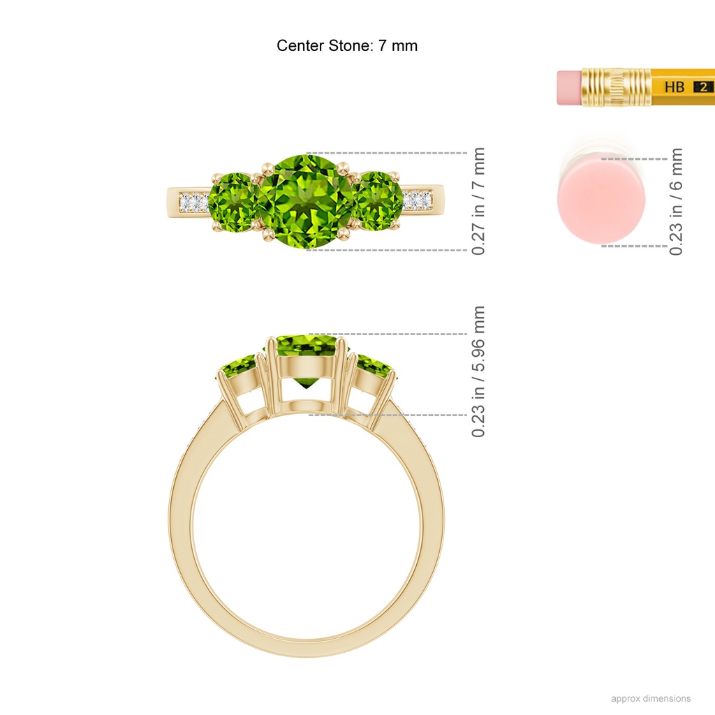 7mm AAAA Three Stone Round Peridot Ring with Diamond Accents in Yellow Gold Ruler