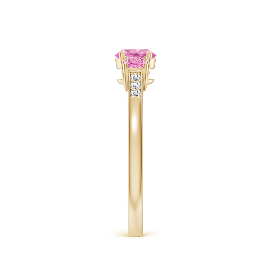 5mm A Three Stone Round Pink Sapphire Ring with Diamond Accents in Yellow Gold side-2