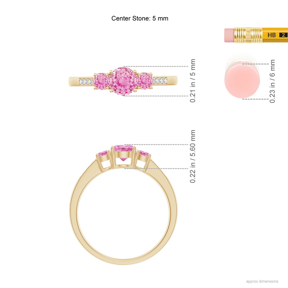 5mm A Three Stone Round Pink Sapphire Ring with Diamond Accents in Yellow Gold ruler