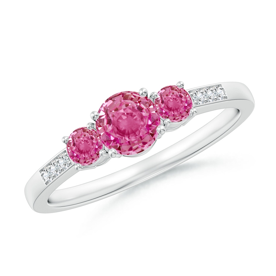 5mm AAA Three Stone Round Pink Sapphire Ring with Diamond Accents in White Gold 