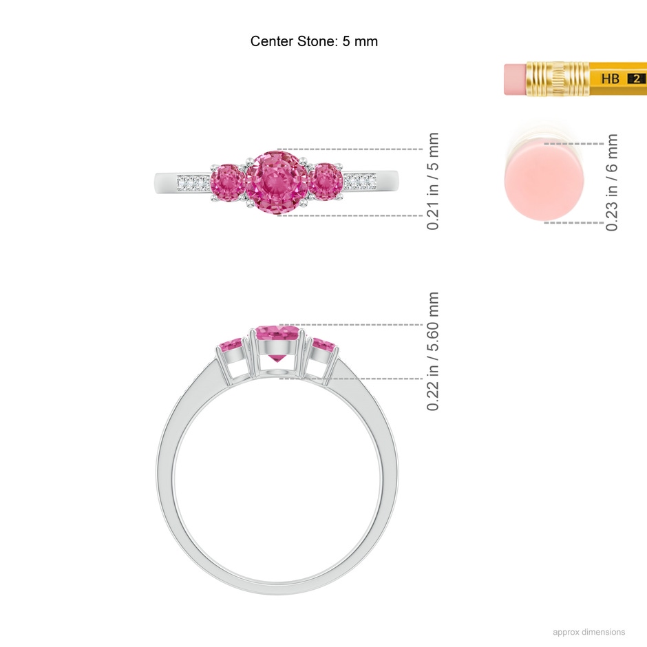 5mm AAA Three Stone Round Pink Sapphire Ring with Diamond Accents in White Gold ruler