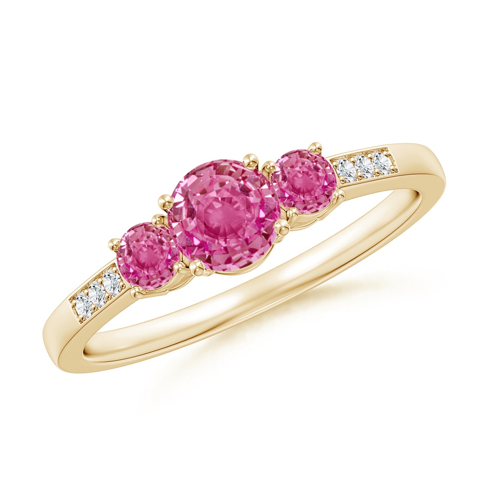 5mm AAA Three Stone Round Pink Sapphire Ring with Diamond Accents in Yellow Gold 