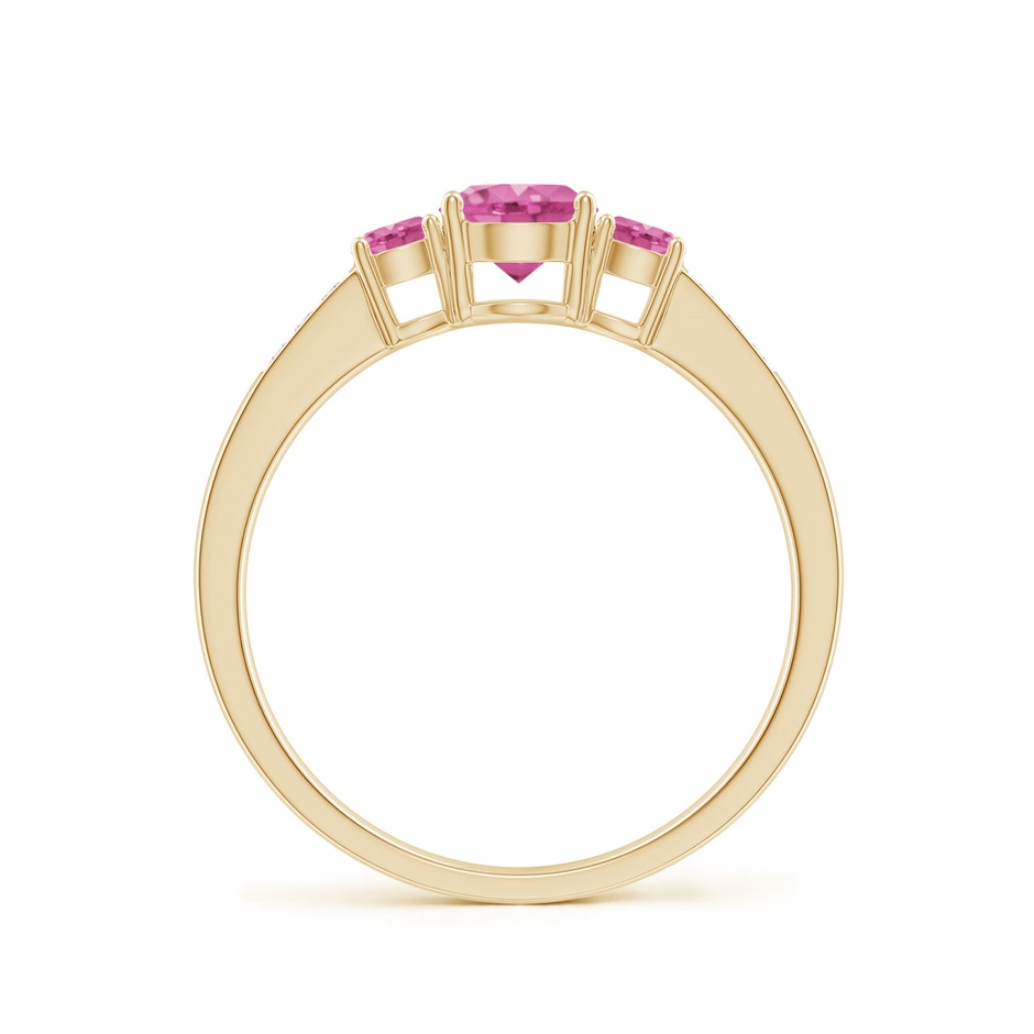 5mm AAA Three Stone Round Pink Sapphire Ring with Diamond Accents in Yellow Gold side-1