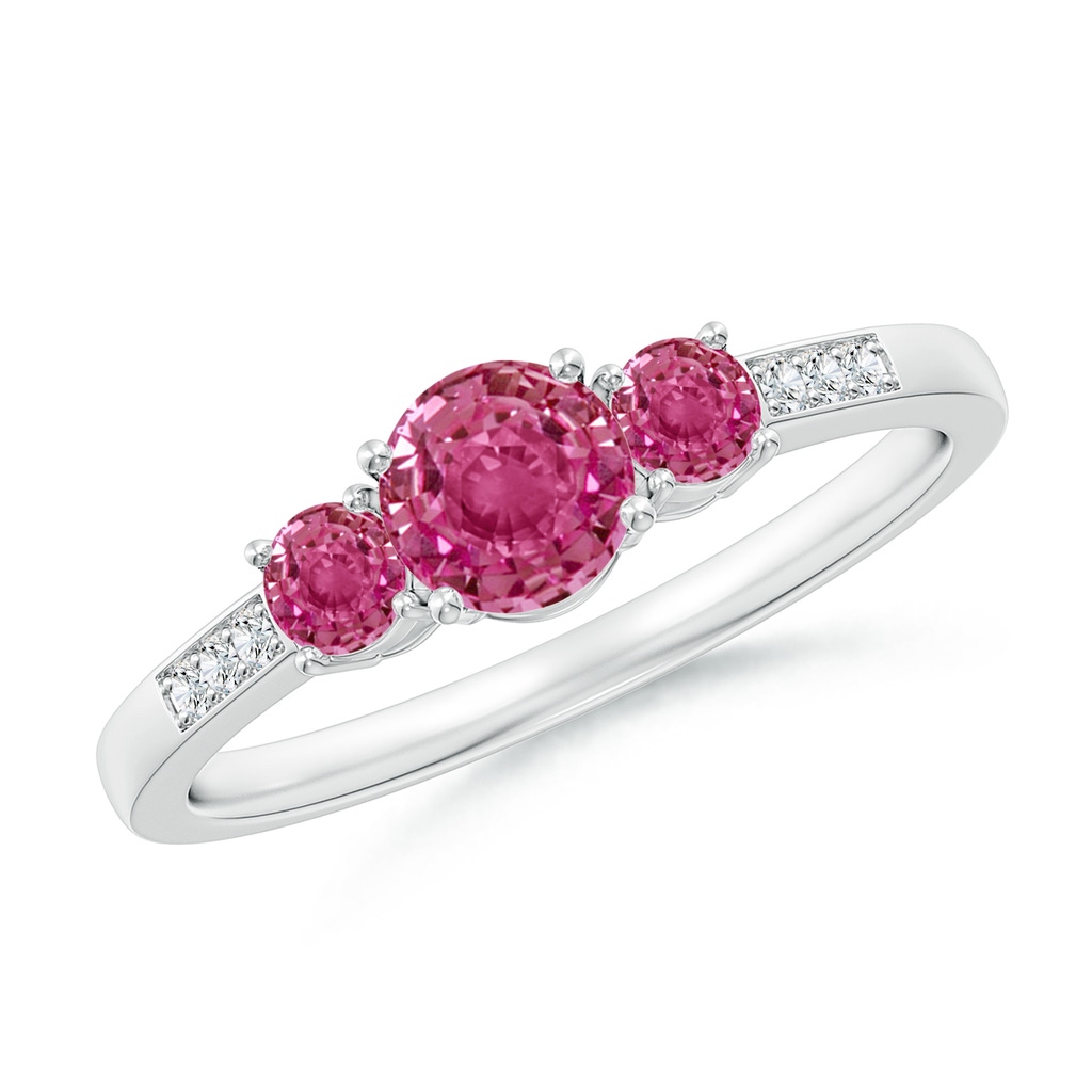 5mm AAAA Three Stone Round Pink Sapphire Ring with Diamond Accents in P950 Platinum