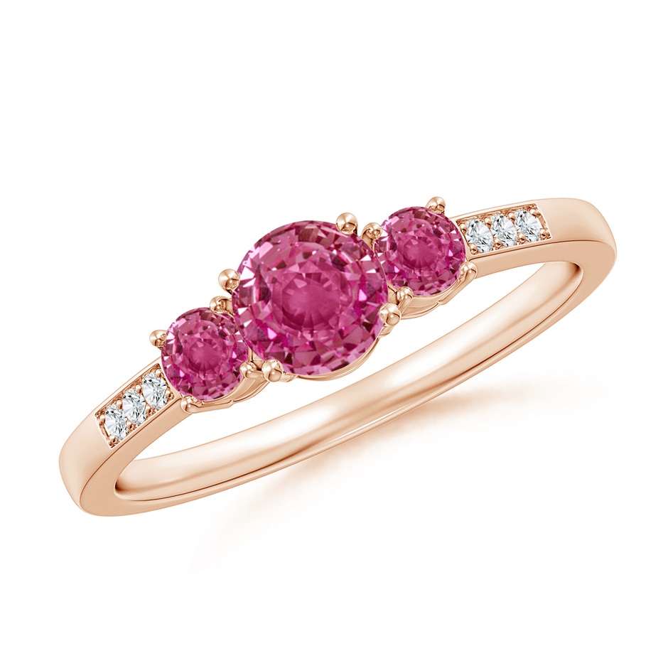 5mm AAAA Three Stone Round Pink Sapphire Ring with Diamond Accents in Rose Gold 