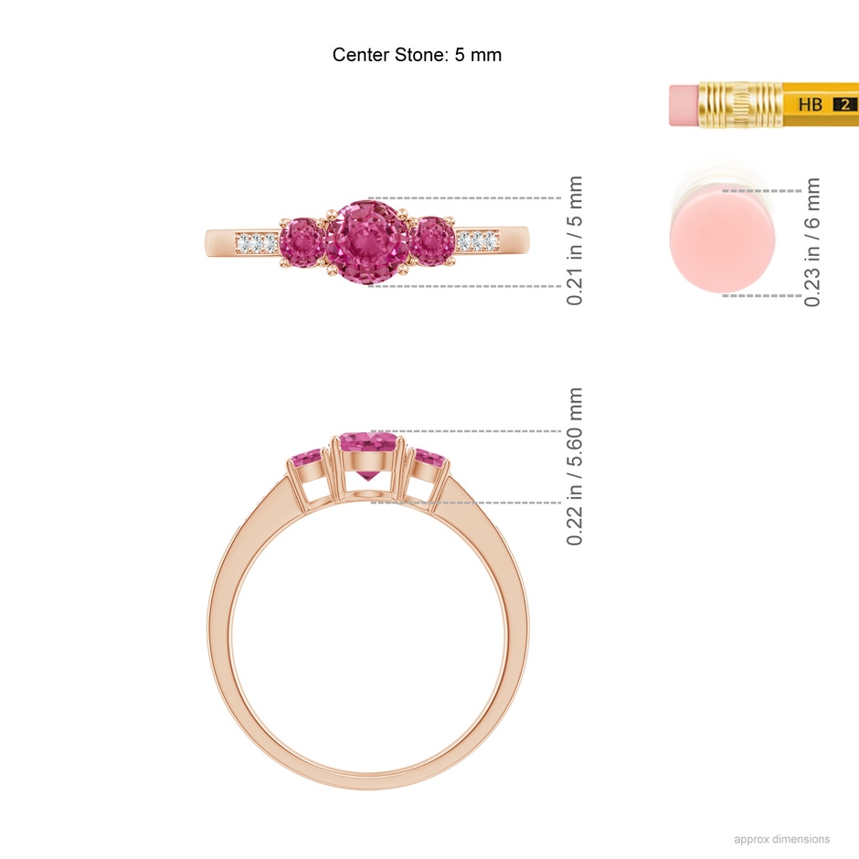 5mm AAAA Three Stone Round Pink Sapphire Ring with Diamond Accents in Rose Gold ruler