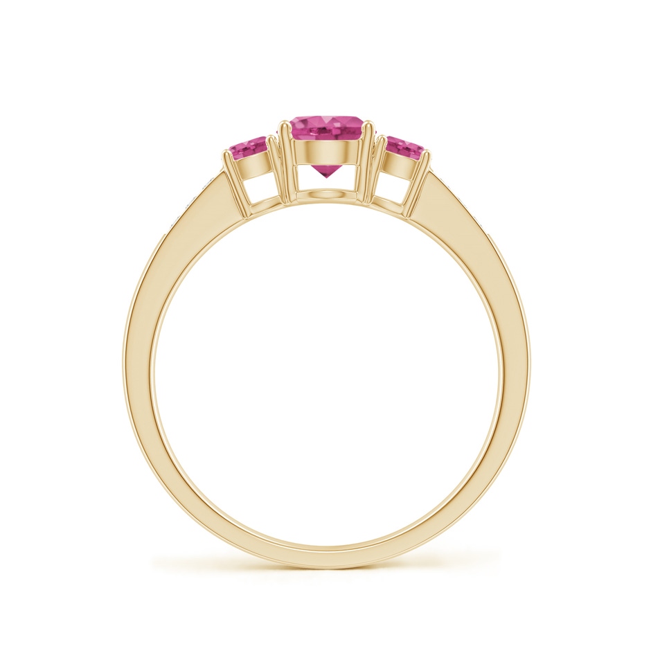 5mm AAAA Three Stone Round Pink Sapphire Ring with Diamond Accents in Yellow Gold side-1