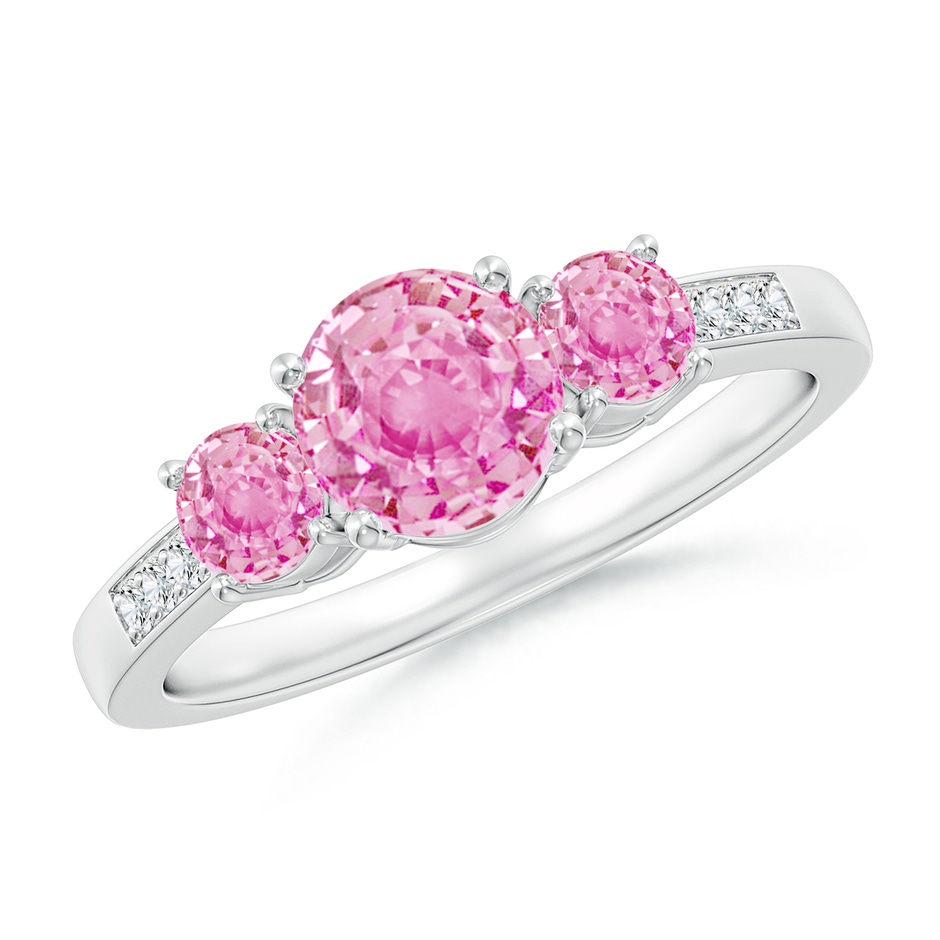 6mm A Three Stone Round Pink Sapphire Ring with Diamond Accents in P950 Platinum 