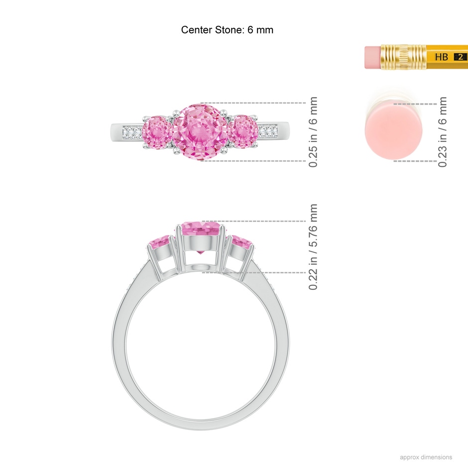 6mm A Three Stone Round Pink Sapphire Ring with Diamond Accents in P950 Platinum ruler