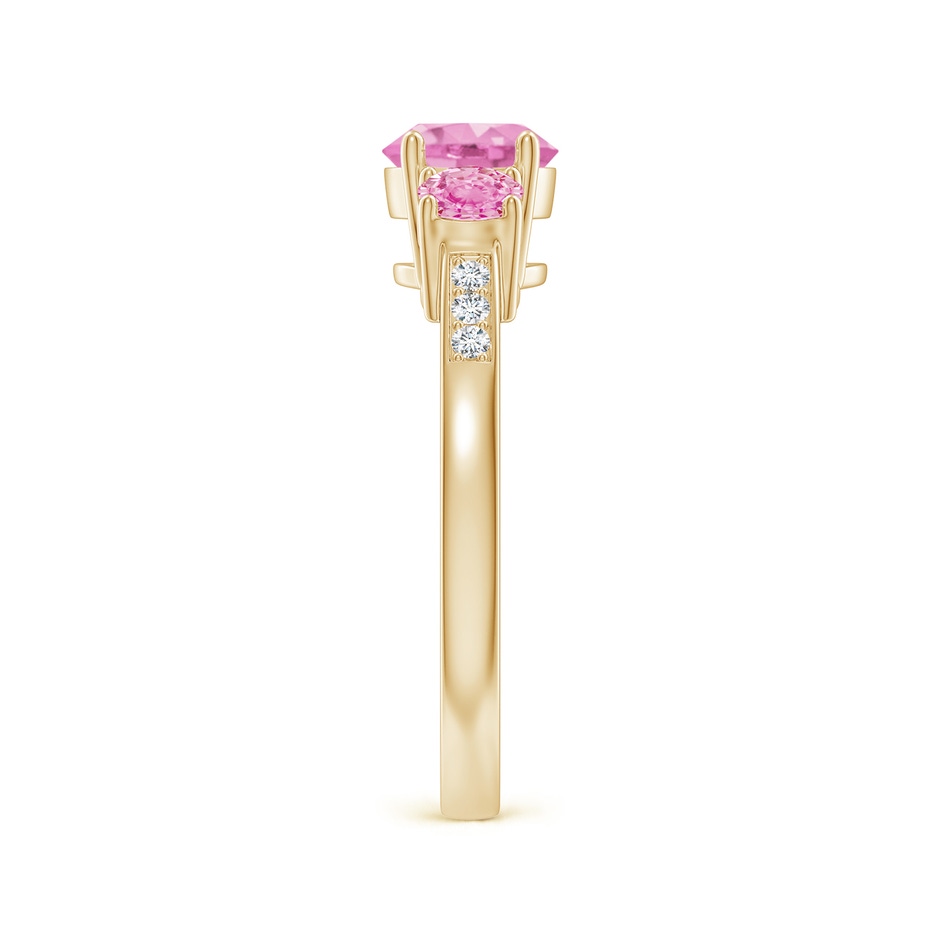 6mm A Three Stone Round Pink Sapphire Ring with Diamond Accents in Yellow Gold side-2