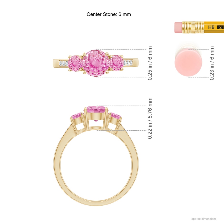 6mm A Three Stone Round Pink Sapphire Ring with Diamond Accents in Yellow Gold ruler