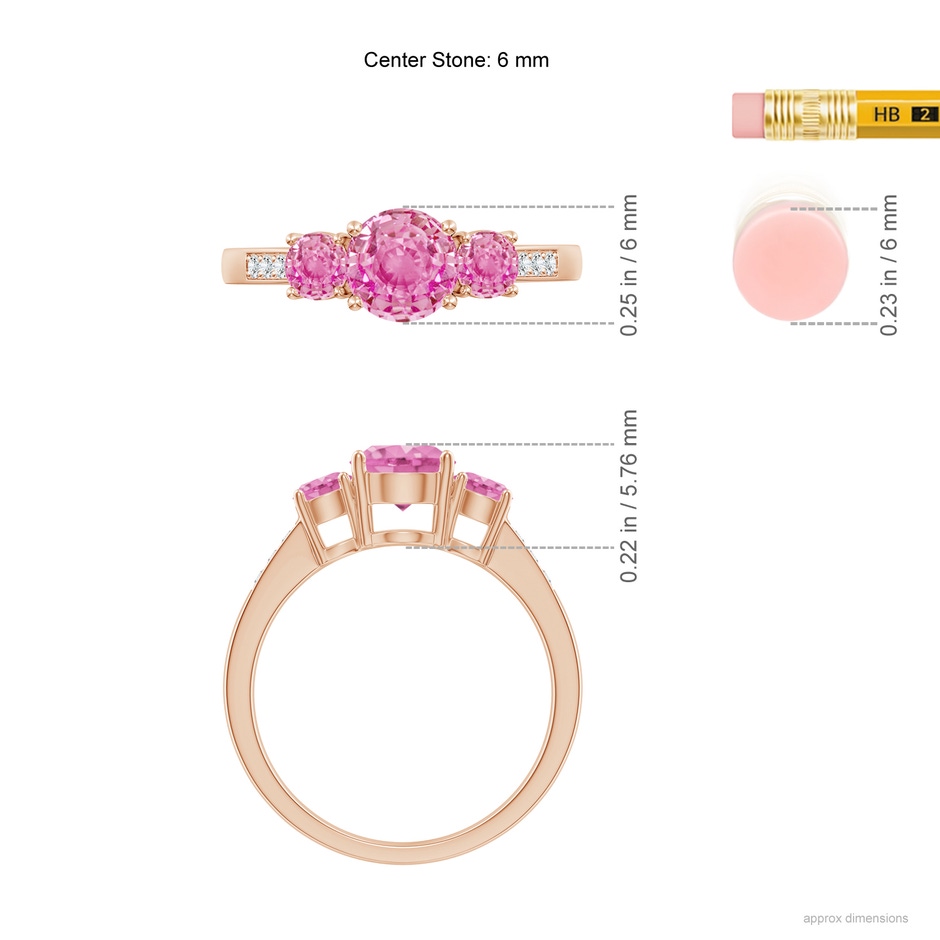 6mm AA Three Stone Round Pink Sapphire Ring with Diamond Accents in Rose Gold ruler