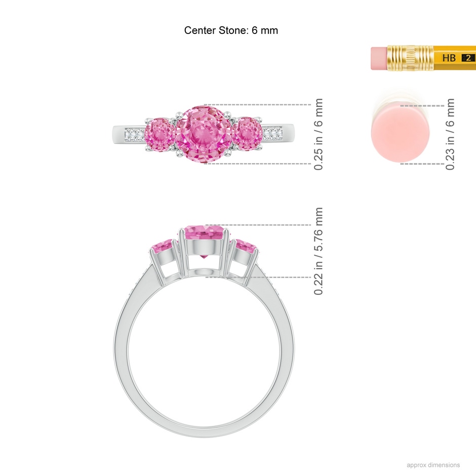 6mm AA Three Stone Round Pink Sapphire Ring with Diamond Accents in White Gold ruler