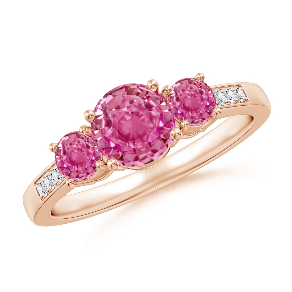 6mm AAA Three Stone Round Pink Sapphire Ring with Diamond Accents in Rose Gold 