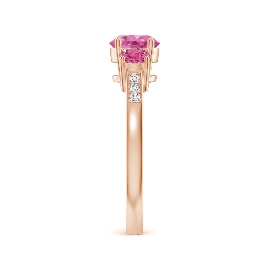 6mm AAA Three Stone Round Pink Sapphire Ring with Diamond Accents in Rose Gold side-2