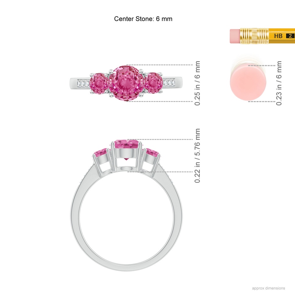 6mm AAA Three Stone Round Pink Sapphire Ring with Diamond Accents in White Gold ruler