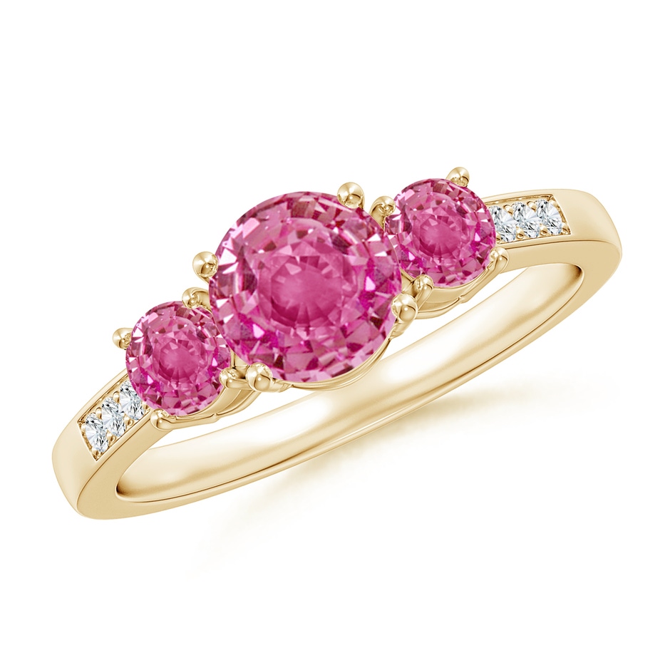6mm AAA Three Stone Round Pink Sapphire Ring with Diamond Accents in Yellow Gold 