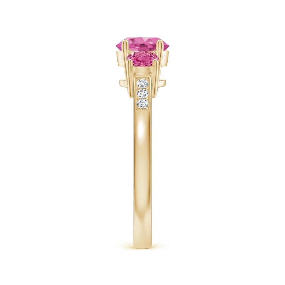 6mm AAA Three Stone Round Pink Sapphire Ring with Diamond Accents in Yellow Gold side-2